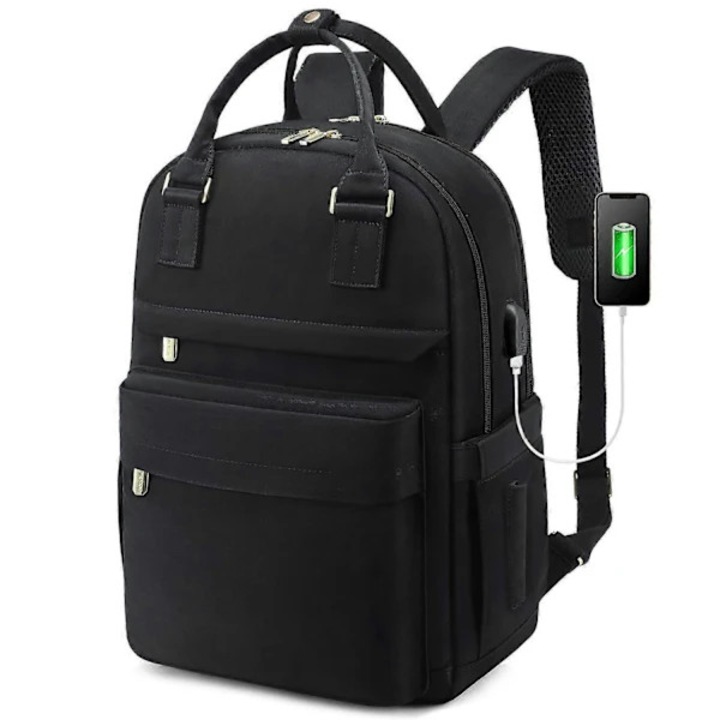 Női hátizsák, textil, párnázott laptoprekesz akár 17.3 inch-ig, vízálló, lopásgátló, USB porttal és poggyászszíjjal, fekete, 17.3 inch