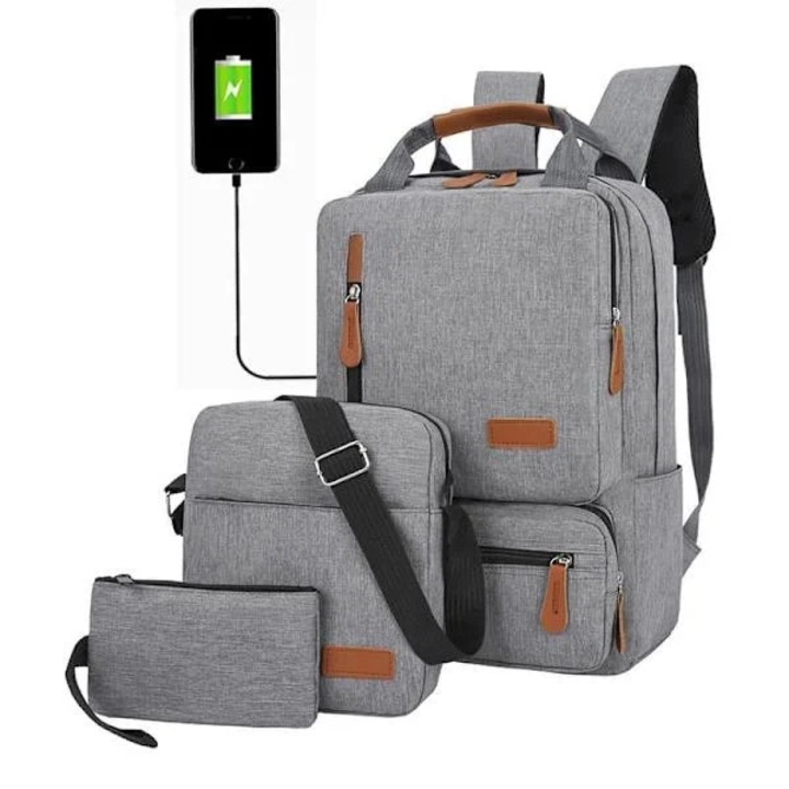 Hátizsák és táska szett, Oxford anyagú hátizsák USB porttal és laptoptartó rekesszel, praktikus és ergonomikus - 3 darabos, szürke, 16 hüvelykes laptophoz