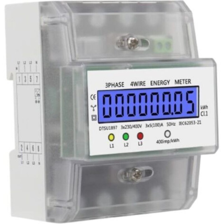 DTSU1897 digitális háromfázisú villanyóra, 4 vezetékes kWh mérő, kék háttérvilágítású LCD kijelző, impulzuskimenet 400 imp/kWh, pontossági osztály 1.0, átlátszó, 1 db