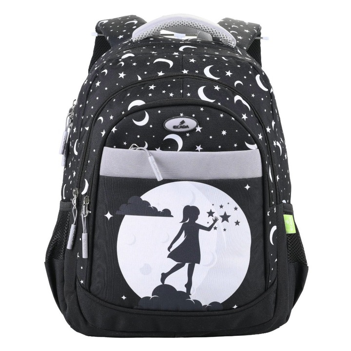 Ghiozdan 46 cm pentru Fete, Design Luna si Stele, Negru ECADA sku28