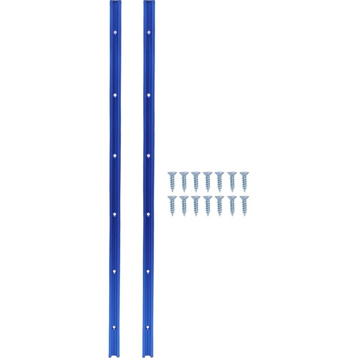 Set 2 bucati, sina T (T-track) 600 mm / 3/4 inch, din aluminiu anodizat, profil dublu taiat, pre-gaurita (6 gauri, pas 150 mm), albastru, 2 x 600 mm, cu 14 suruburi