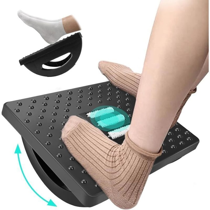 Suport pentru picioare ergonomic cu efect de masaj, promoveaza circulatia sangelui, din material durabil, instalare rapida fara scule, Negru