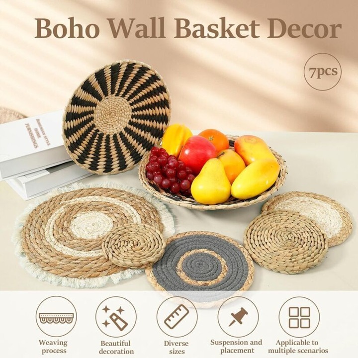 Set 7 bucati cosuri de perete boho, decoratiuni din rachita si nuiele, lucrate manual, modele variate si multifunctionale, natural/bej, dimensiuni 11–35 cm