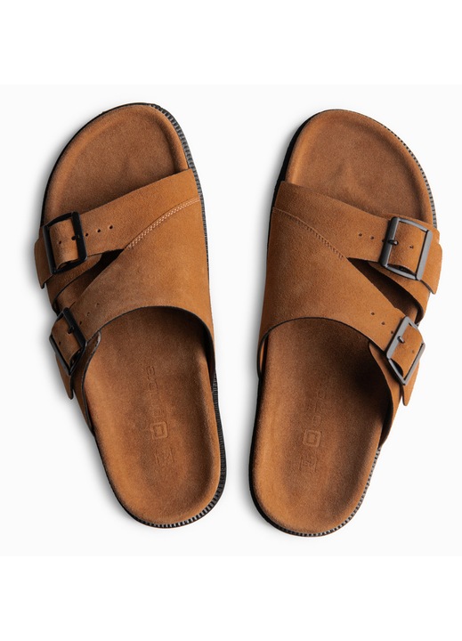 Slapi barbati din piele intoarsa cu doua barete ajustabile OM-FOSF-0249, warm brown, Maro