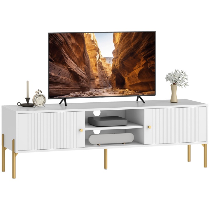 Comoda TV, Pentru TV pana la 165 cm, 2 usi si 2 rafturi deschise, Orificii pentru cabluri, Lemn, 140×38×45.9 cm, Alb
