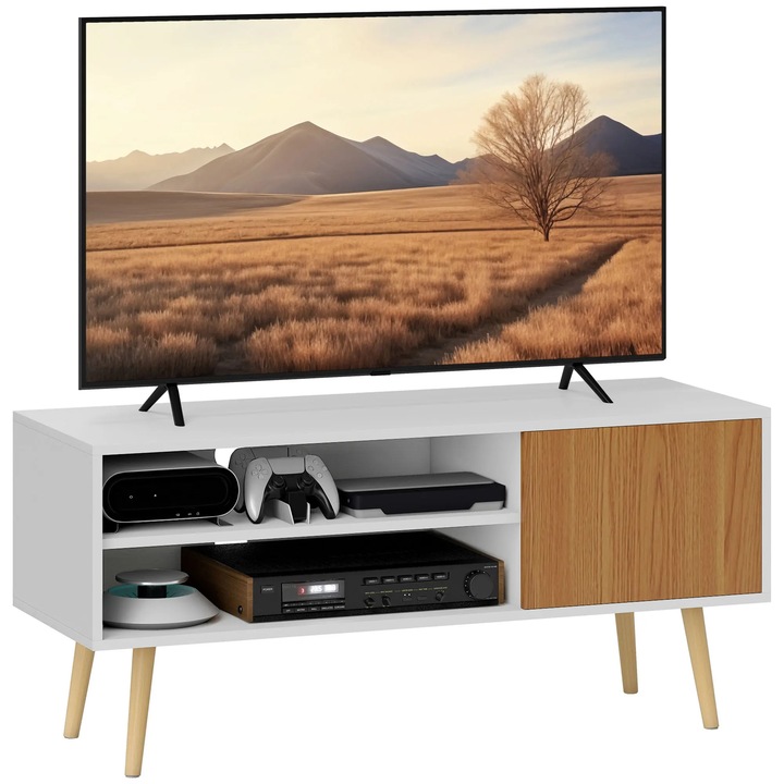 Comoda TV, Doua compartimente, Orificiu pentru cabluri, Pentru TV pana la 140 cm, 110×40×50 cm, Stil scandinav, Alb