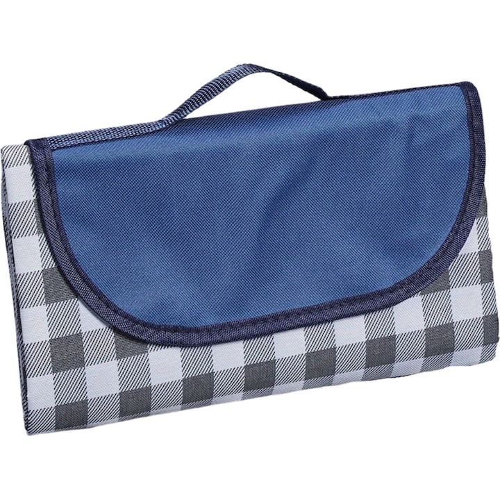 Covor de picnic si plaja, impermeabil pe ambele parti, pliabil, cu maner, 200×150 cm, Material Premium– albastru cu carouri albe