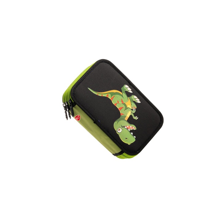Penar scolar Dino, 3 compartimente, Neechipat, Verde-Negru DACO sku28