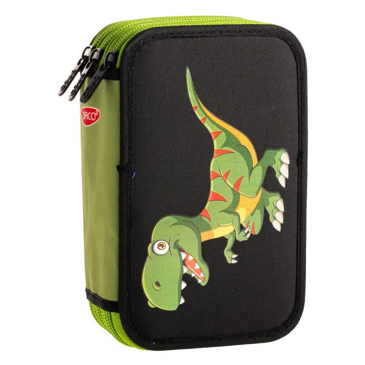 Penar scolar Dino, 3 compartimente, Neechipat, Verde-Negru DACO sku28