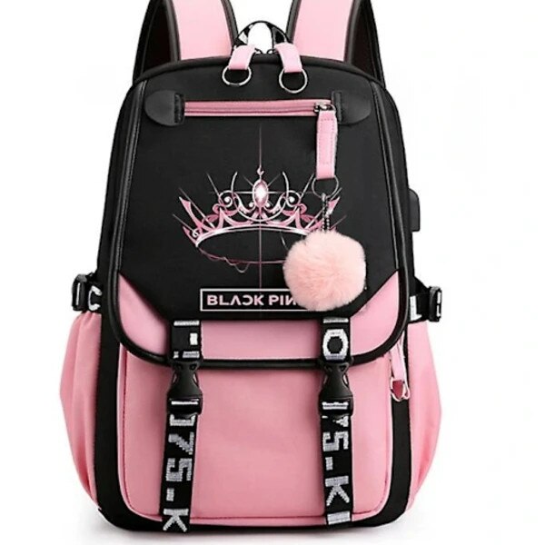 Rucsac fete, negru roz, rezistent la apa, 15.6 inch, cu USB si jack casti