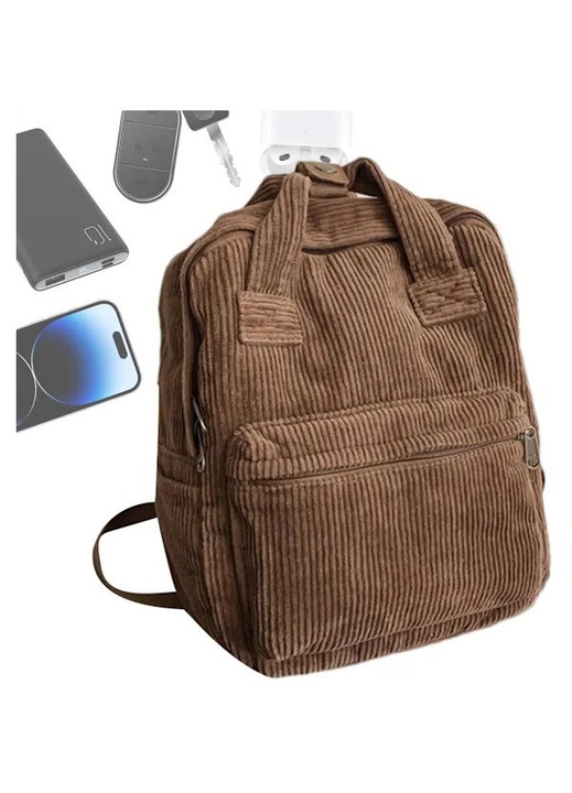 Rucsac laptop din catifea cotelata, cu manere si bretele reglabile, compartiment pentru laptop, usor, Manchester, Maro, Mic