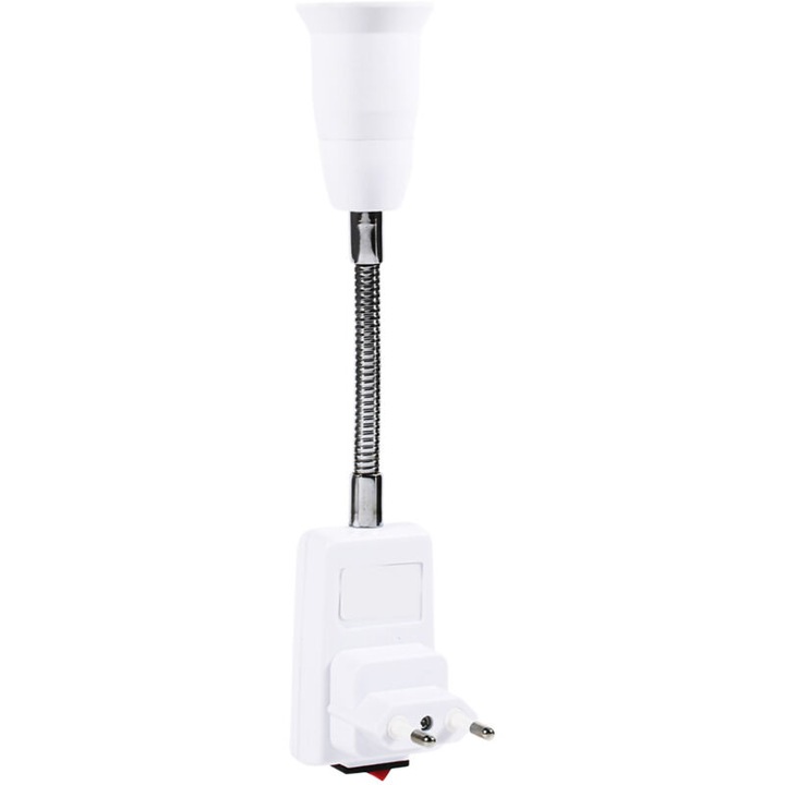 Adaptor soclu E27, suport pentru bec E27 cu priza EU si intrerupator, gat flexibil metalic, carcasa PBT si piese metalice, alb, 1 buc, 20 cm