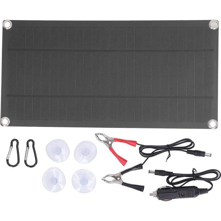 Panou solar/placa fotovoltaica monocristalin flexibil 10W 18V, 20.3% eficienta, structura tip fagure, protectii multiple (supraincarcare, supradescarcare, scurtcircuit, polaritate inversa), iesire USB, pentru baterii 12V, Negru, 1 buc, 180x360x2.8 mm