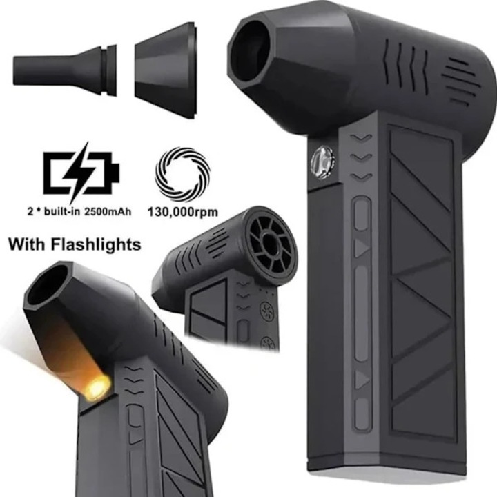 Mini elektromos fúvó / porfúvó Turbo Fan, újratölthető 7.4V, 2x2500mAh, maximális sebesség 39.5 m/s, 3 fokozat + turbó mód, extra fúvóka és beépített LED, hordozható, fekete