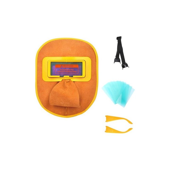 Masca de sudura din piele, ajustabila, rezistenta la caldura, vizor antiorbire cu 10 folii de protectie, pliabila si usoara, maro, Set 1 buc (casca + 10 lentile, 2 suporturi urechi, banda reglabila)