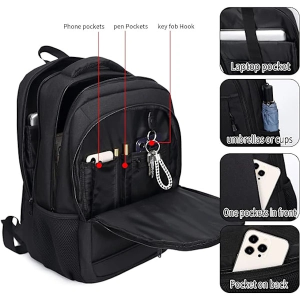 Rucsac laptop 18 inch, capacitate mare, rezistent la apa, port USB, negru