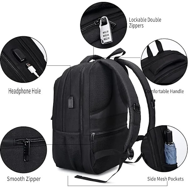 Rucsac laptop 18 inch, capacitate mare, rezistent la apa, port USB, negru
