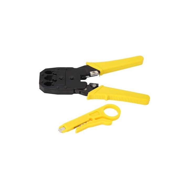 Cleste sertizare cabluri retea, cleste crimpare 3-in-1 pentru 4P/6P/8P, cu taiere si dezizolare, otel inoxidabil, negru/galben, 1 buc