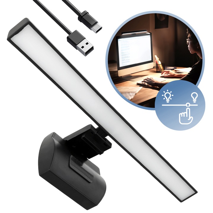 LLS monitor lámpa, LED 5W, állítható színhőmérséklet, USB-A/USB-C tápellátás, fekete, 1 db