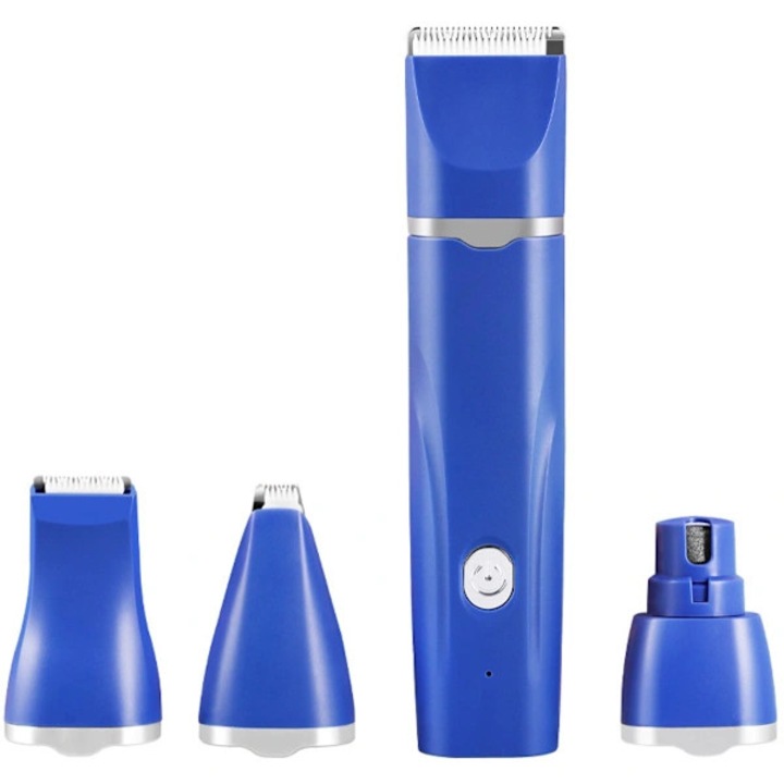 Masina de tuns animale/trimmer 4-in-1, fara fir, reincarcabila USB, silentioasa, cu 3 capete de taiere si pila pentru unghii, Albastru