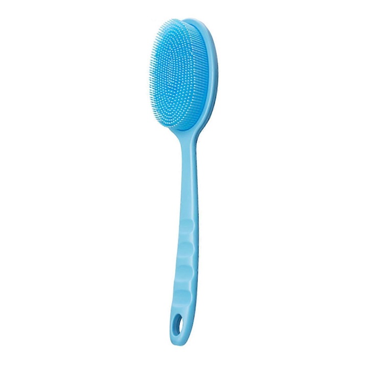 Élelmiszeripari szilikon fürdőkefe / testkefe, hosszú nyéllel, hámlasztó és higiénikus (nem porózus), kék, 34 cm, 1 db
