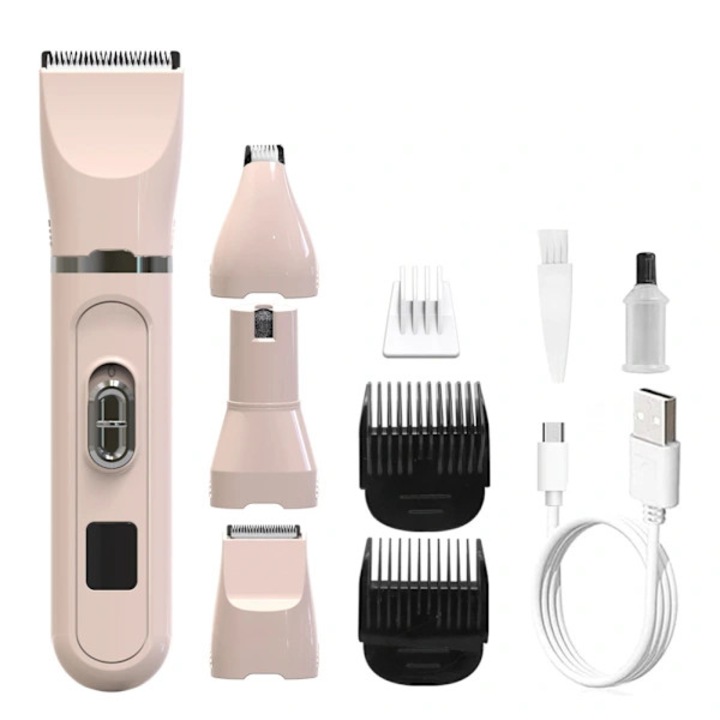 Tunsor electric pentru caini, trimmer pentru animale de companie 4 in 1 cu afisaj LED, zgomot redus, USB reincarcabil, cu 3 capete de taiere si pila pentru unghii, roz, 1 set