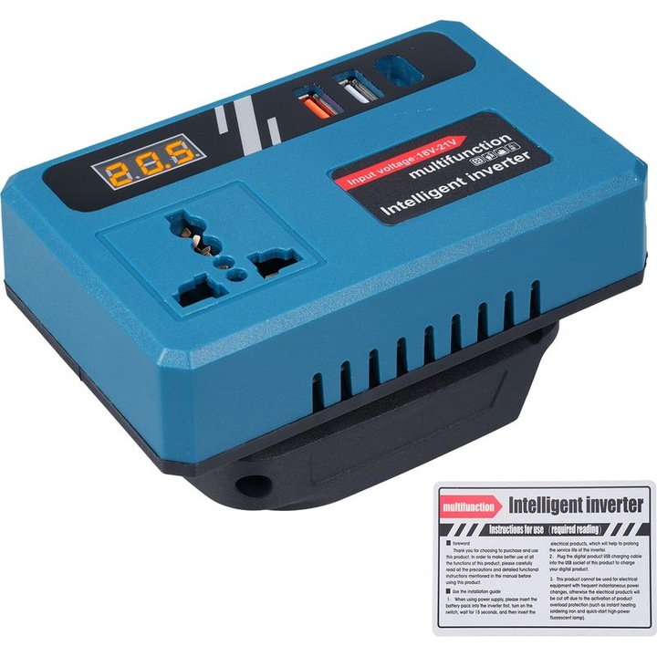 Invertor de baterie 18V/21V 150W compatibil baterii Makita, iesire 220V AC, unda modificata, 2x USB + 1x Type-C, ecran LCD, albastru/negru, 1 buc