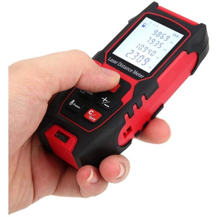 Telemetru laser portabil/distantometru, precizie inalta, gama pana la 60 m, functii masurare lungime, calcul suprafata si volum, unitati m/ft/in, rosu/negru, 1 buc