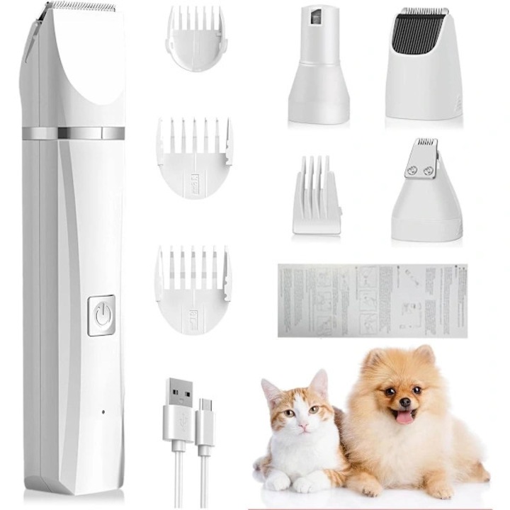Aparat de tuns animale 4 in 1, kit cu 3 capete detasabile si polizor de unghii, USB reincarcabil, silentios, fara fir, lame din otel inoxidabil si ceramica, Alb, 1 set
