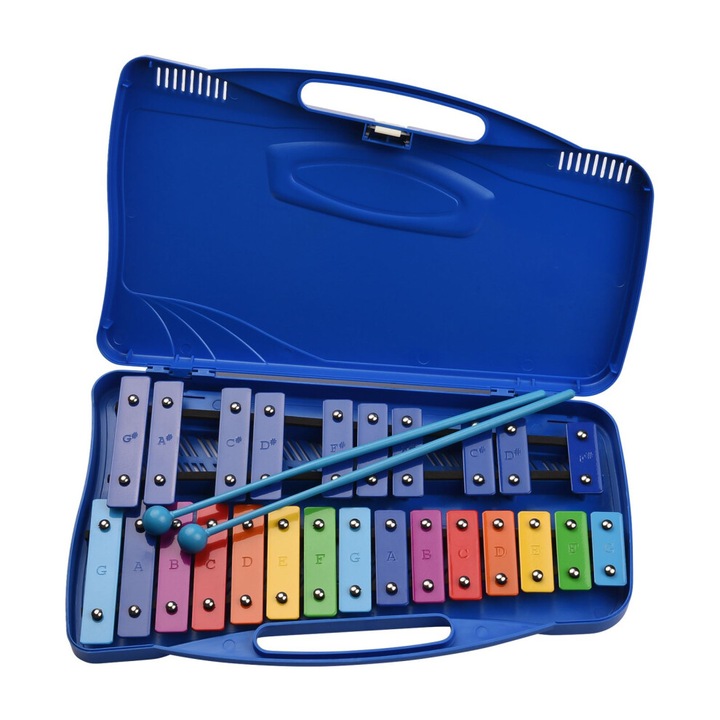 Xilofon 25 hangú, kék, 38.8x23.2x4.3cm, szett 2 kalapáccsal és tokkal