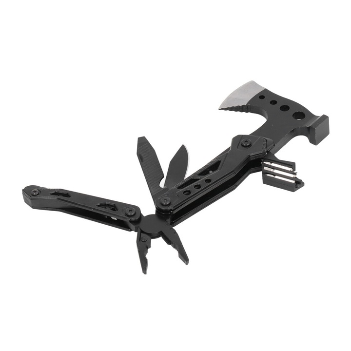 Multitool unealta multifunctionala pliabila, cu topor, ciocan, cutit si cleste, din otel inoxidabil, pentru camping, negru, 1 buc