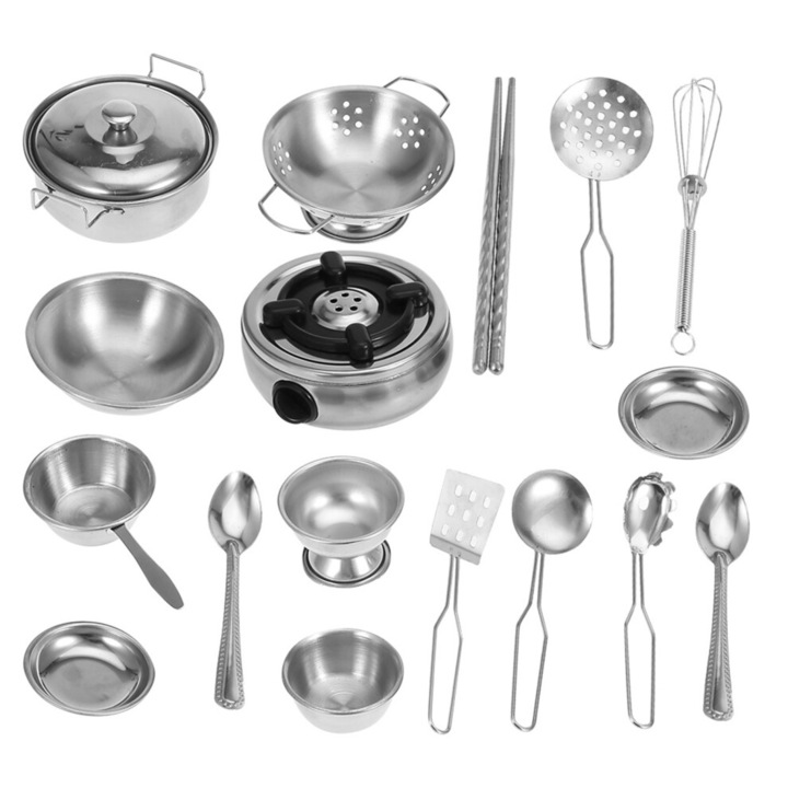 Set vase de gatit pentru copii / set ustensile din otel inoxidabil, durabil, sigur pentru copii, Argintiu, 18 piese