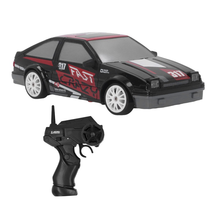 Masina radiocomandata 1/24, jucarie RC cu baterie reincarcabila, 2.4GHz, tractiune 4x4 pentru drifting, negru/rosu, 1 buc