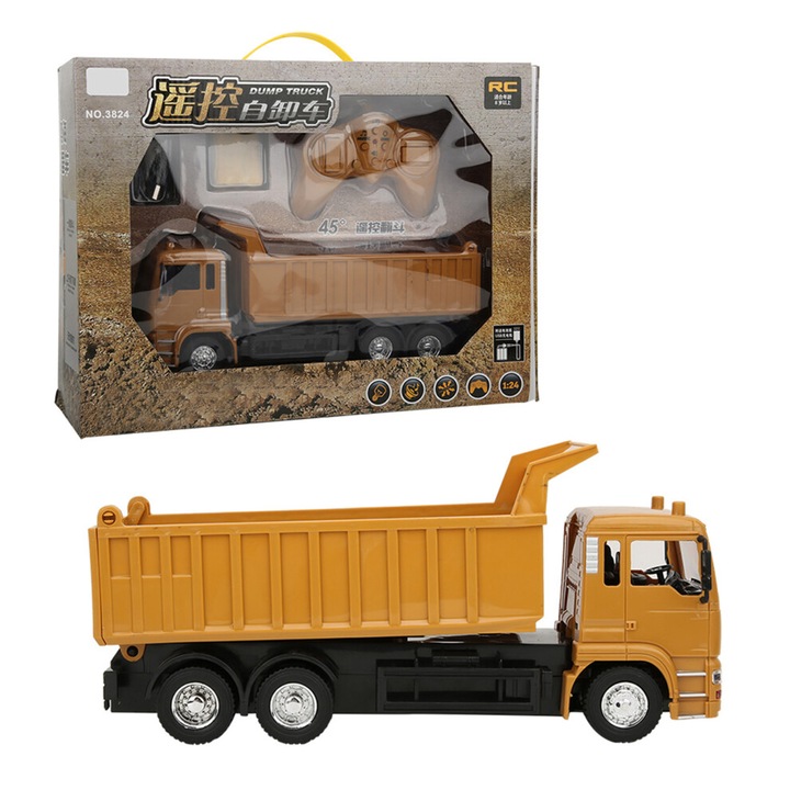 RC billenő teherautó, 1:24 méretarányú, távirányítóval, LED lámpákkal, tartós, narancssárga, 1 db.
