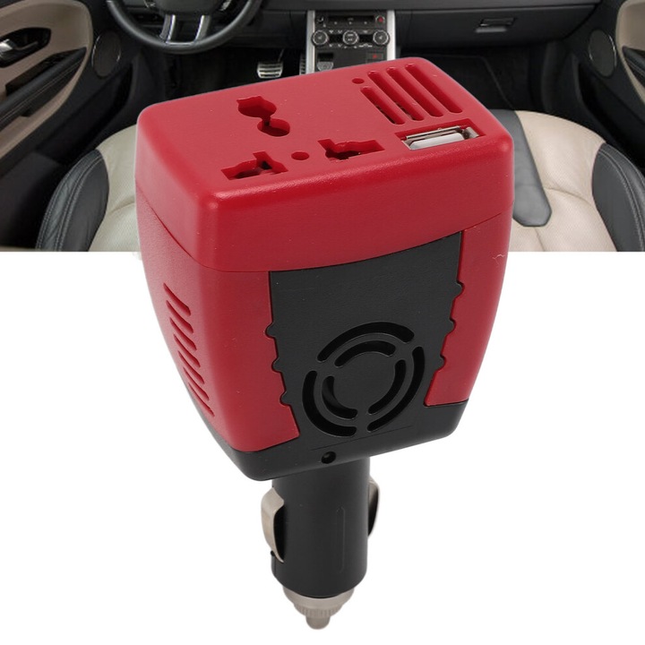 Инвертор за кола 150W преносим, USB, бял, 12V-AC