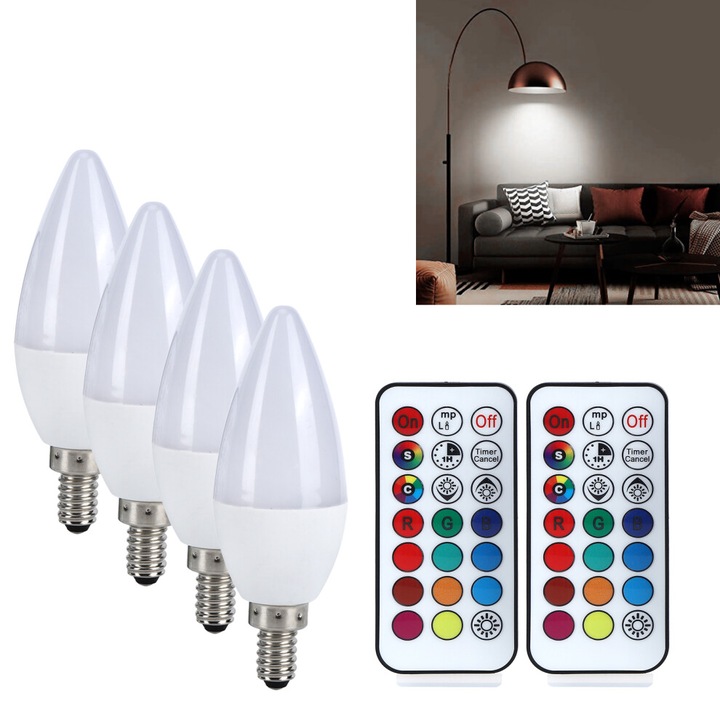 Bec led tip lumanare E12 85265V, 3W, schimbare culori RGB cu telecomanda, reglaj intensitate si viteza, alb rece 6000K, Multicolor, 1 buc