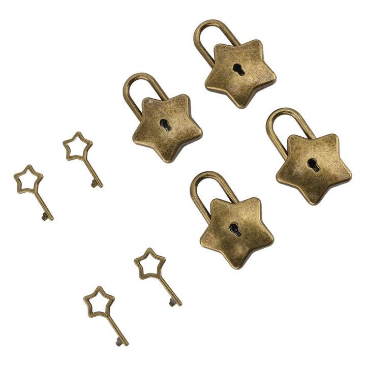 4 db mini fém lakat készlet, csillag, antik sárgaréz, 42x30mm