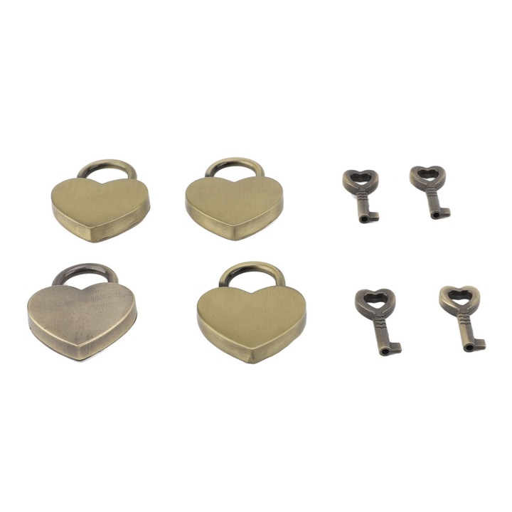 4 darabos szett, szív alakú lakatok kulcsokkal, dekoratív cinkötvözet zárak, antik bronz, 38x30 mm
