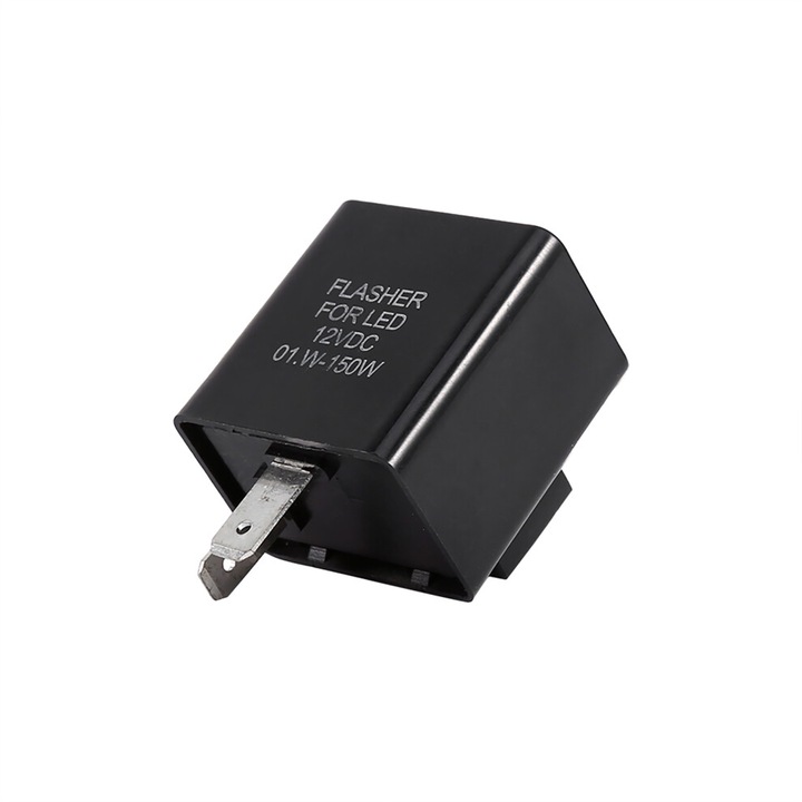 Releu semnalizare LED (flasher, blinker) 12V 2 pini, electronic, cu protectie la scurtcircuit, suprasarcina si polaritate inversa, plastic si metal, negru, 1 buc, 48x34x34mm