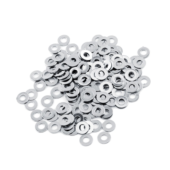 Set 100 bucati, saibe plate metrice din otel inoxidabil 304, marimi M3/M4/M5/M6/M8/M10, rezistente la coroziune, argintiu
