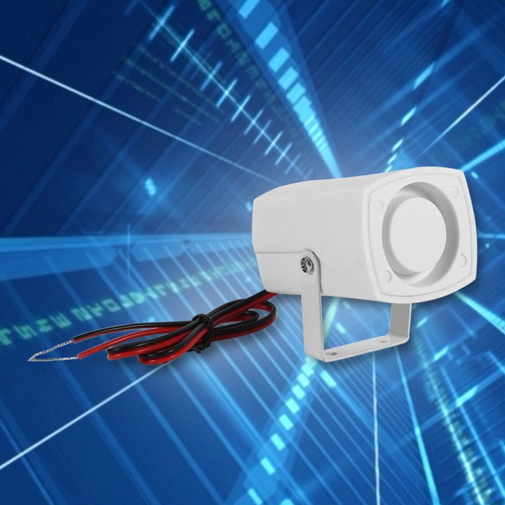 Riasztósziréna, vezetékes, 12V DC, 110 dB, kompakt, nedvesség- és ütésálló, fém tartóval szerelhető, fehér, 1 db