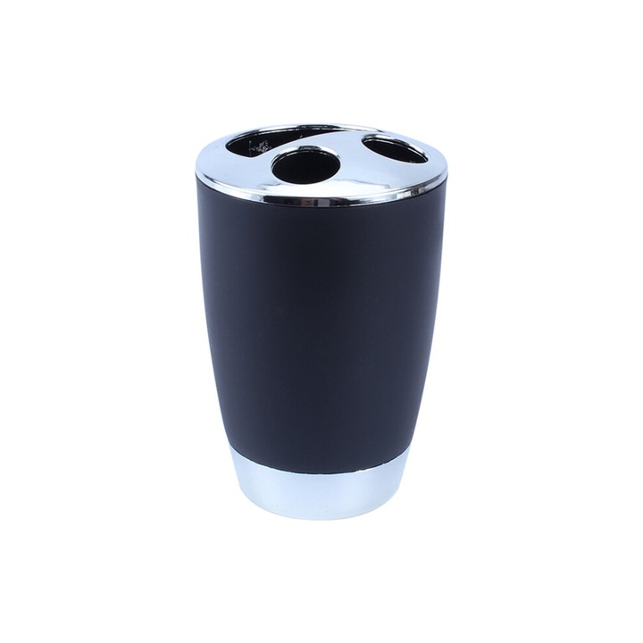 Set 6 piese, accesorii baie din rasina ecologica, durabil si practic, include pahar, suport periute, sapuniera, dozator sapun, cos, perie WC, Negru/Argintiu