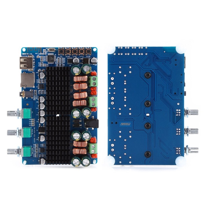 Audio erősítő panel 2.1 TPA3116, 50W+50W sztereó, 100W mélynyomó, bluetooth/usb/tf, feszültség 12-26V, kék, 124x80 mm, 1 db.