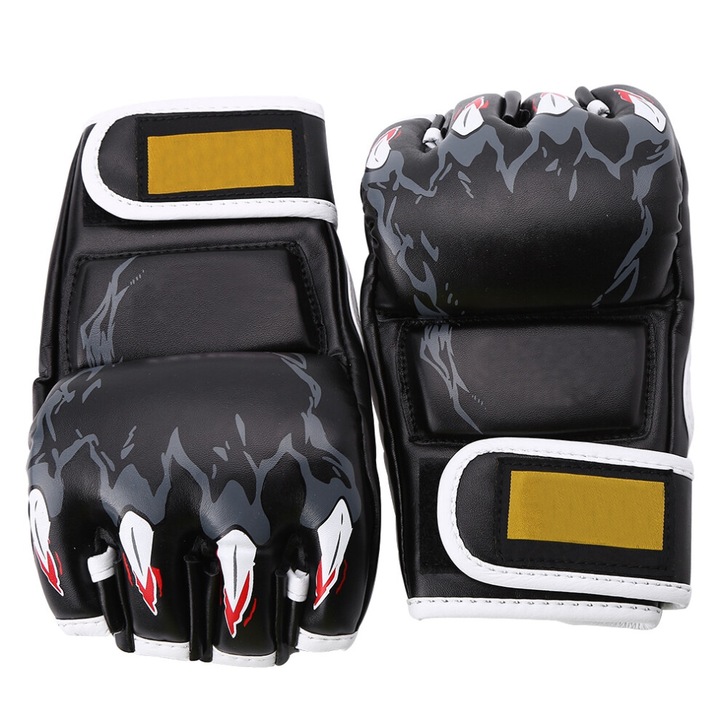 Manusi de box din PU, manusi de antrenament cu degete semi-deschise, inchidere cu velcro, protectie optima pentru lovituri, Sanda, Negru