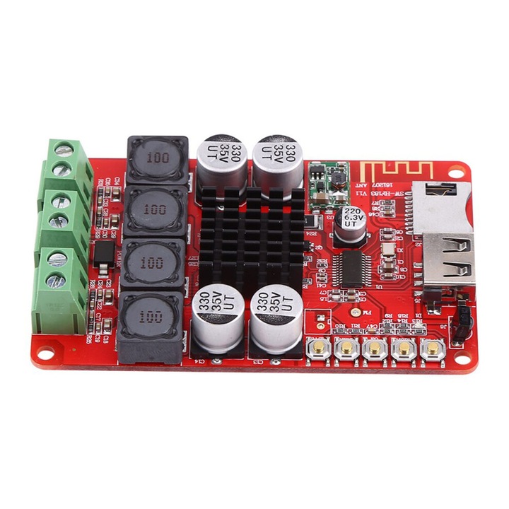 TPA3116 audio erősítő, 50W+50W, Bluetooth vevő, TF/USB dekóder, távirányítóval, FLAC/WAV/MP3/WMA kompatibilis, mikrofonnal hívásokhoz, DC 8-26V tápellátás, Piros, 1 db