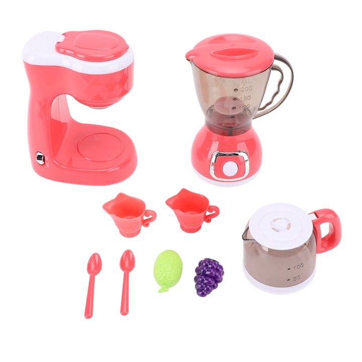 Set accesorii bucatarie copii cu aparat cafea si blender, plastic, multicolor