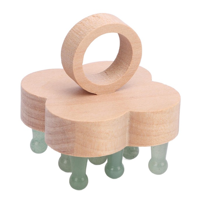 Masajer pentru scalp, masajor pentru cap din lemn cu varfuri din piatra, cu forma trifoi ergonomic, verde, 60x51 mm
