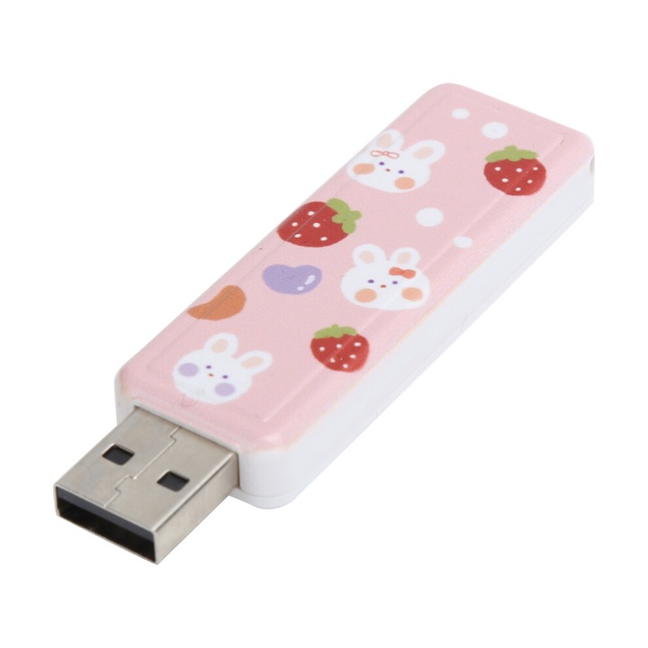 Memorie USB, stick Strawberry Rabbit USB 2.0, cu mecanism push-pull, roz cu imprimeu iepurasi si capsuni, 32GB