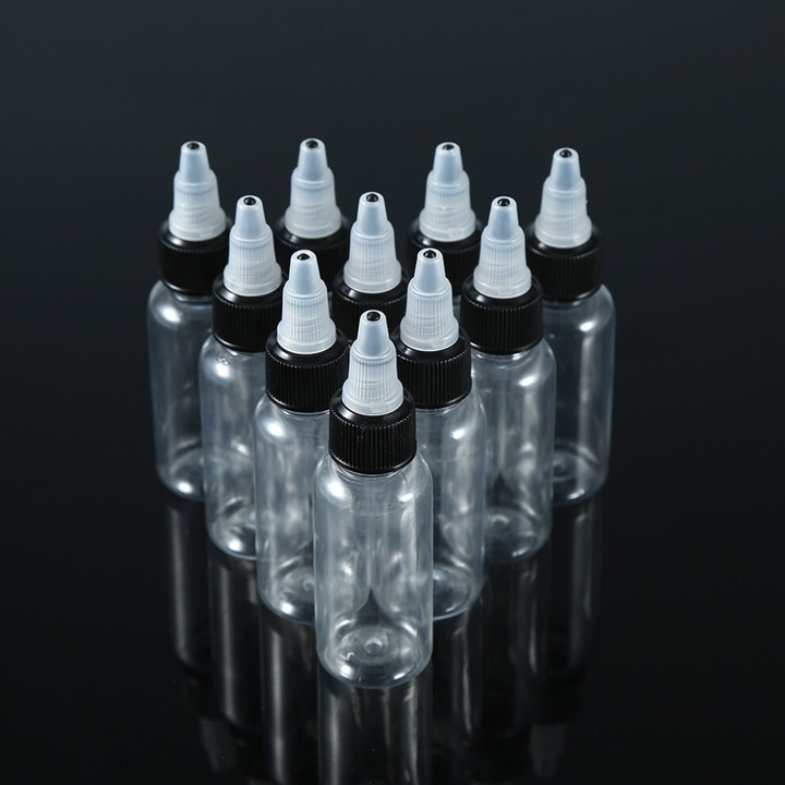 Flacon/sticla pentru cerneala de tatuaj, din PP rezistent, cu capac twist pentru turnare precisa, transparent, 10 bucati, 30ml