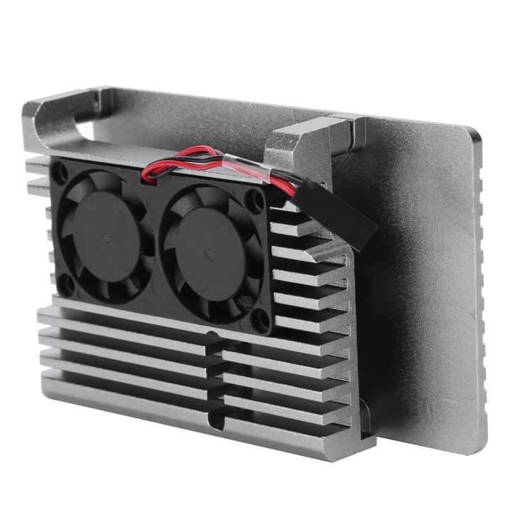 Alumíniumötvözet védőtok / hűtőborda Raspberry Pi 4B-hez, dupla ventilátorral, hőelvezetéssel, ezüst, 1 db.